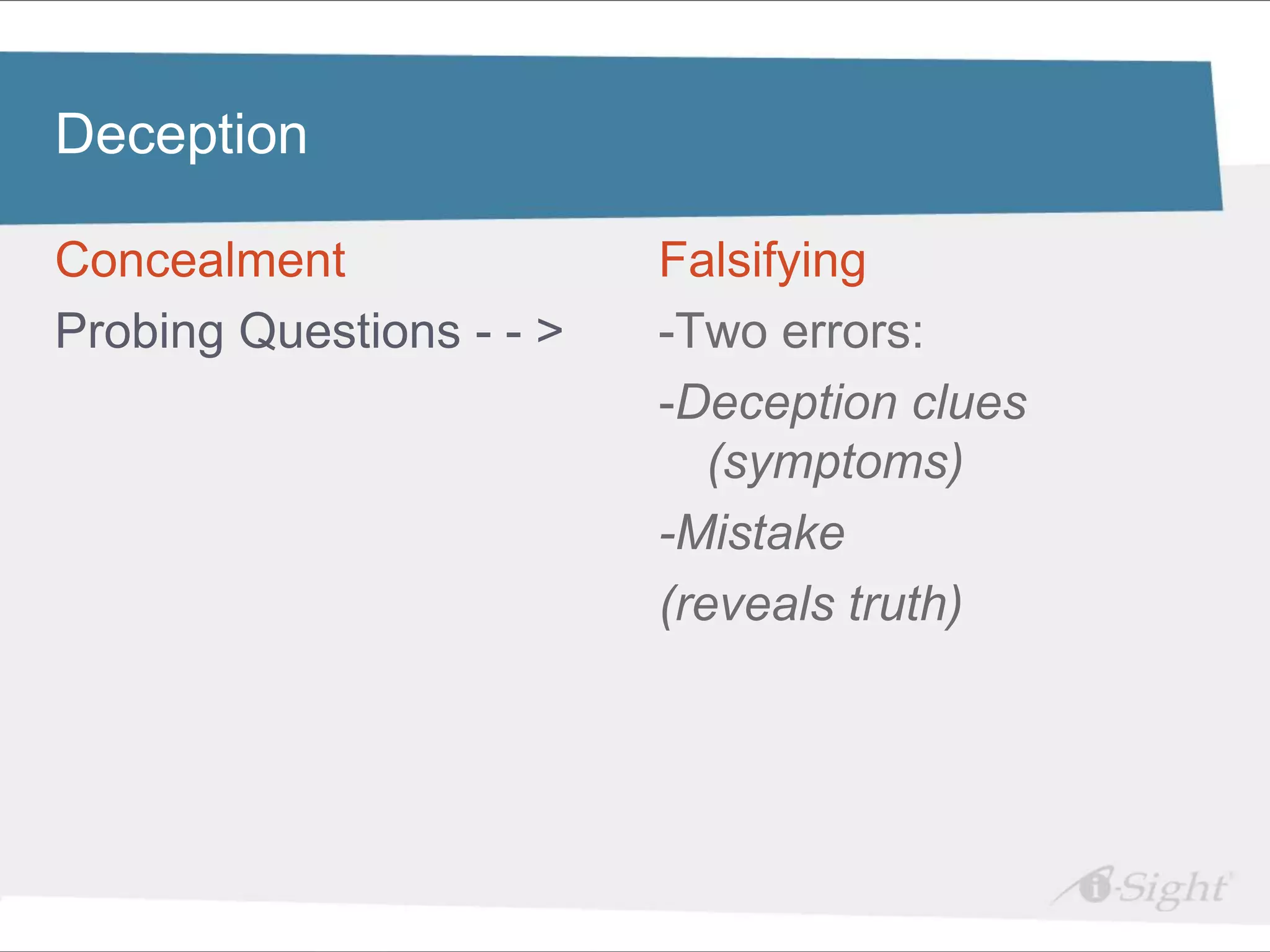 Click to edit Master title style
Deception

Concealment text styles
 • Click to edit Master   Falsifying
    - fdsfds
Probing Questions - - >   -Two errors:
                          -Deception clues
                             (symptoms)
                          -Mistake
                          (reveals truth)
 