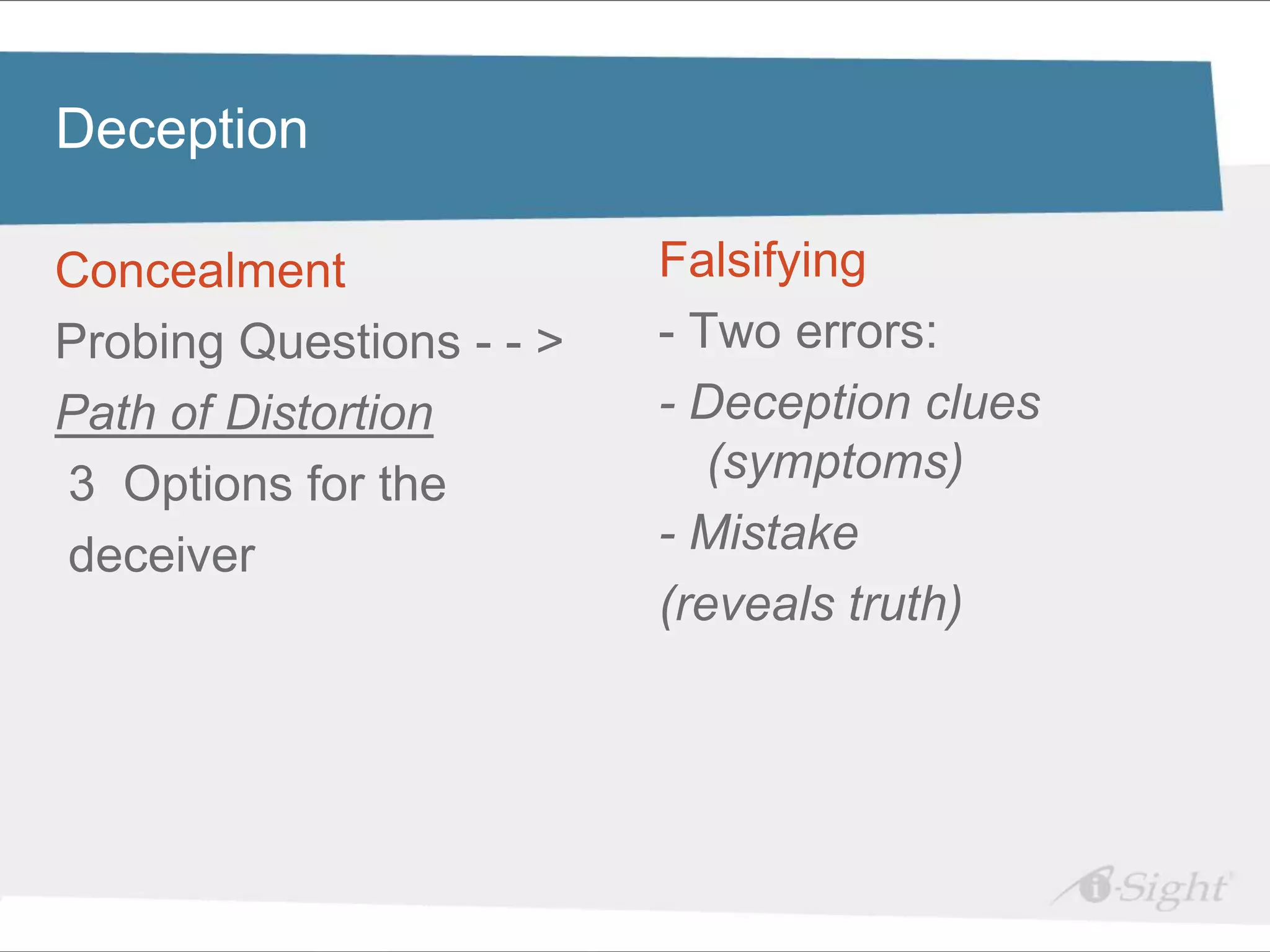 Deception edit Master title style
 Click to

Concealment text styles
 • Click to edit Master   Falsifying
    - fdsfds
Probing Questions - - >   - Two errors:
Path of Distortion        - Deception clues
3 Options for the            (symptoms)
deceiver                  - Mistake
                          (reveals truth)
 