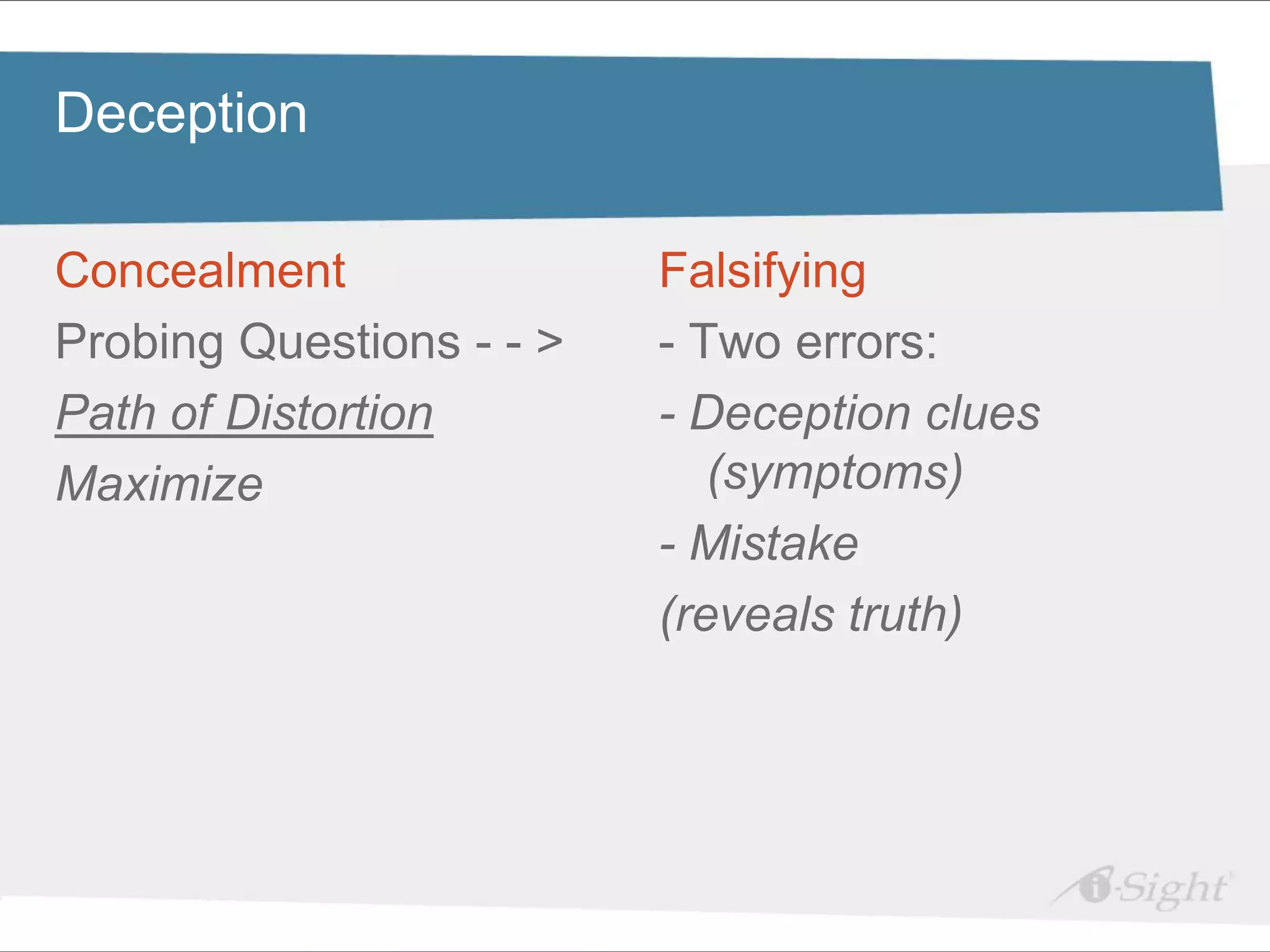 Deception edit Master title style
 Click to

Concealment text styles
 • Click to edit Master   Falsifying
    - fdsfds
Probing Questions - - >   - Two errors:
Path of Distortion        - Deception clues
Maximize                     (symptoms)
                          - Mistake
                          (reveals truth)
 