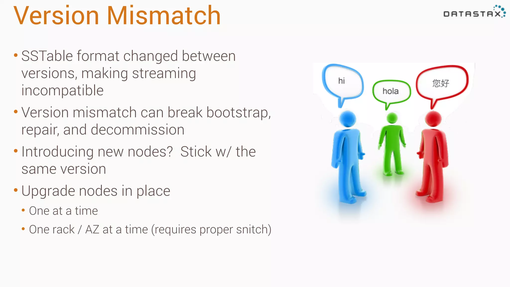 Version Mismatch 
• SSTable format changed between 
versions, making streaming 
incompatible 
• Version mismatch can break bootstrap, 
repair, and decommission 
• Introducing new nodes? Stick w/ the 
same version 
• Upgrade nodes in place 
• One at a time 
• One rack / AZ at a time (requires proper snitch) 
 