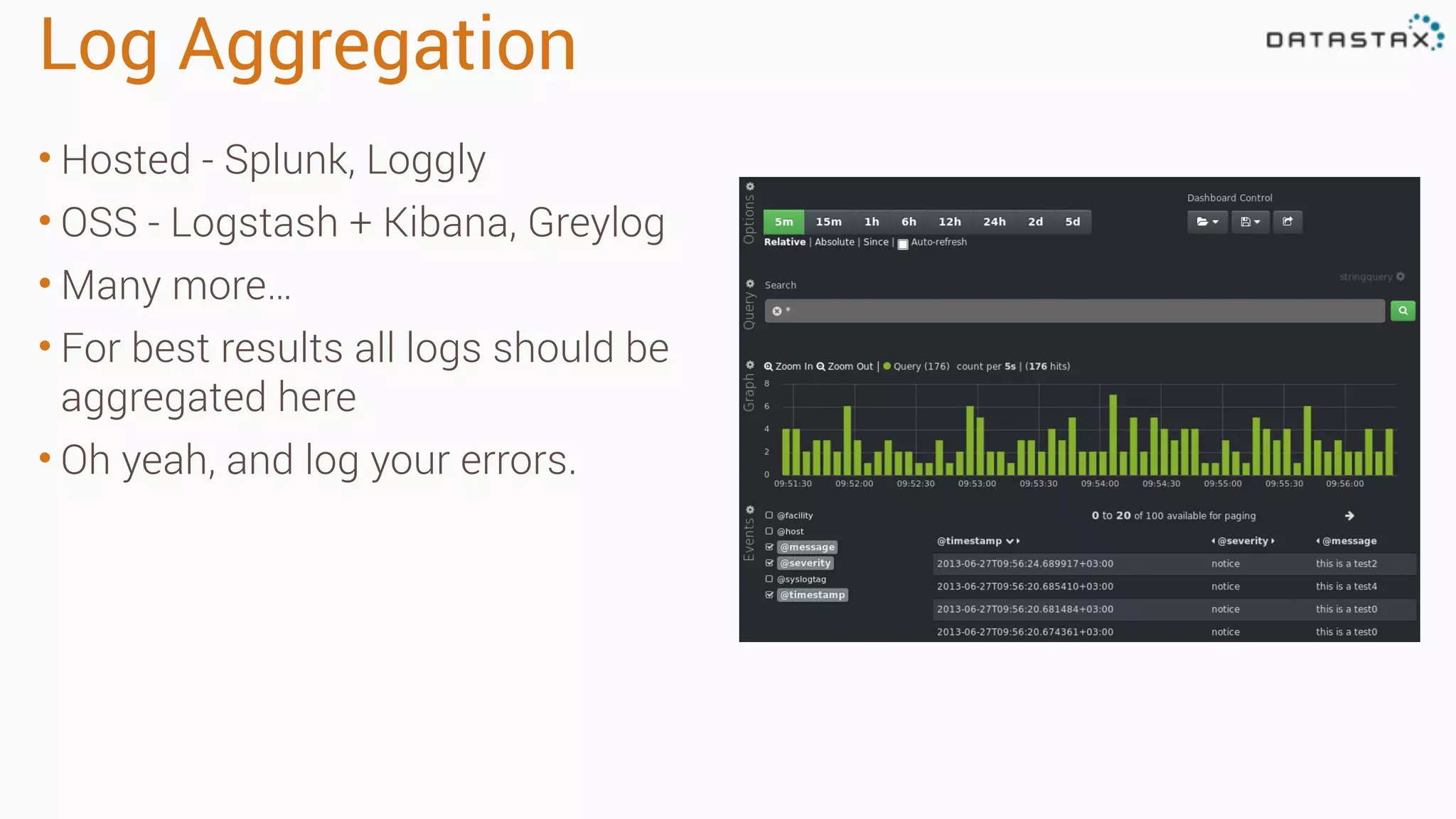 Log Aggregation 
• Hosted - Splunk, Loggly 
• OSS - Logstash + Kibana, Greylog 
• Many more… 
• For best results all logs should be 
aggregated here 
• Oh yeah, and log your errors. 
 