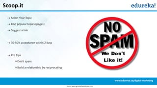 Scoop.it
 Select Your Topic
 Find popular topics (pages)
 Suggest a link
 30-50% acceptance within 2 days
 Pro Tips
» Don’t spam
» Build a relationship by reciprocating
Source:www.grandallwebdesign.com
www.edureka.co/digital-marketing
 