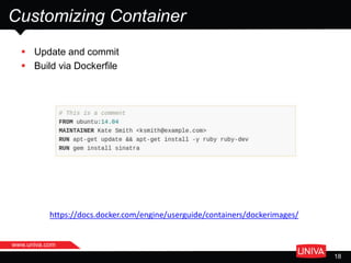www.univa.com
18
Customizing Container
 Update and commit
 Build via Dockerfile
https://docs.docker.com/engine/userguide/containers/dockerimages/
 