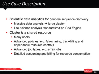 www.univa.com
20
Use Case Description
 Scientific data analytics for genome sequence discovery
 Massive data analysis  large cluster
 Life-science analysis standardized on Grid Engine
 Cluster is a shared resource
 Many users
 Advanced policies, e.g. fair-sharing, back-filling and
dependable resource controls
 Advanced job types, e.g. array jobs
 Detailed accounting and billing for resource consumption
 