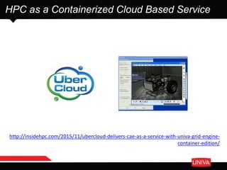 HPC as a Containerized Cloud Based Service
http://insidehpc.com/2015/11/ubercloud-delivers-cae-as-a-service-with-univa-grid-engine-
container-edition/
 