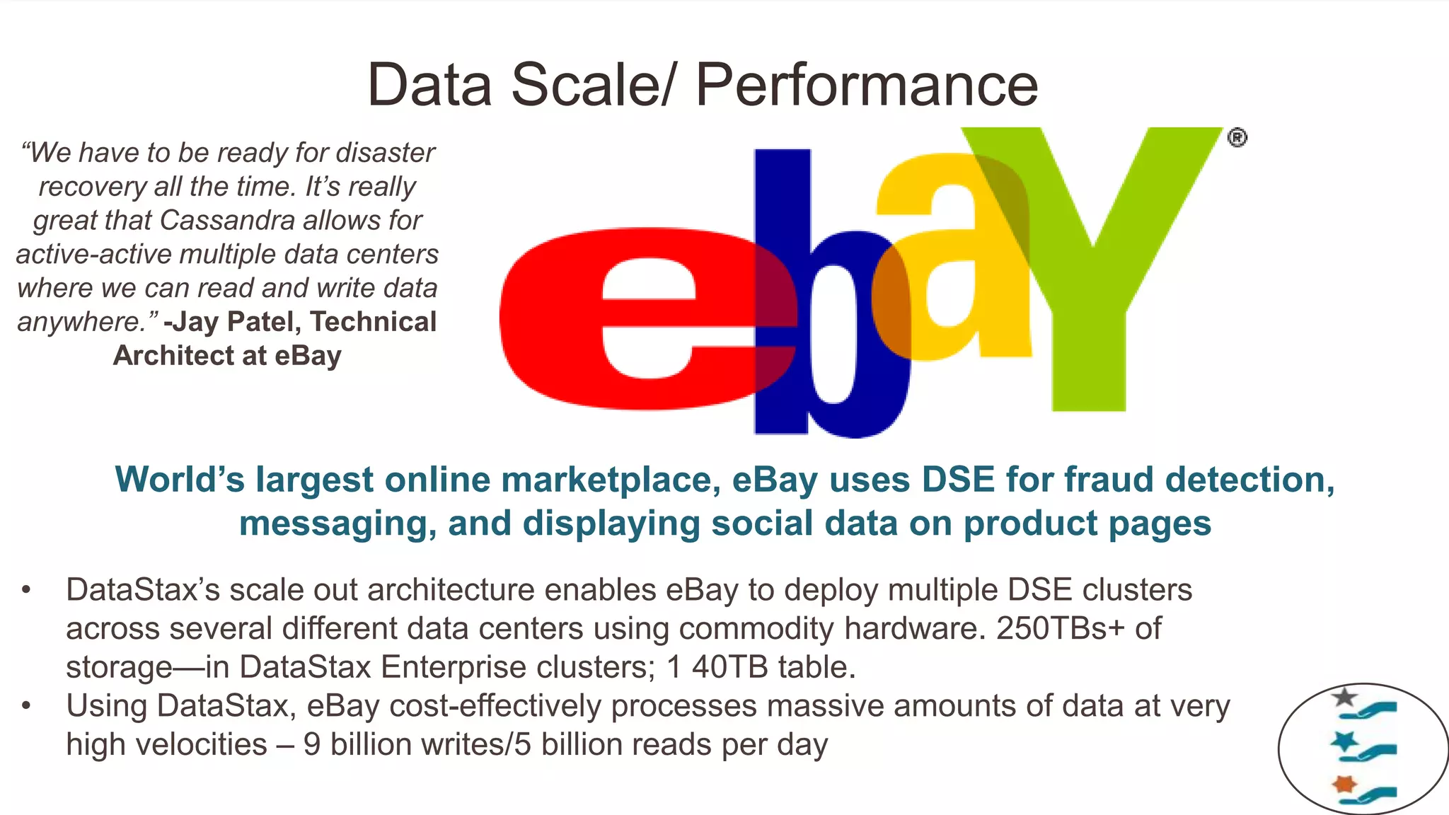 World’s largest online marketplace, eBay uses DSE for fraud detection,
messaging, and displaying social data on product pages
• DataStax‘s scale out architecture enables eBay to deploy multiple DSE clusters
across several different data centers using commodity hardware. 250TBs+ of
storage—in DataStax Enterprise clusters; 1 40TB table.
• Using DataStax, eBay cost-effectively processes massive amounts of data at very
high velocities – 9 billion writes/5 billion reads per day
“We have to be ready for disaster
recovery all the time. It’s really
great that Cassandra allows for
active-active multiple data centers
where we can read and write data
anywhere.” -Jay Patel, Technical
Architect at eBay
Data Scale/ Performance
 