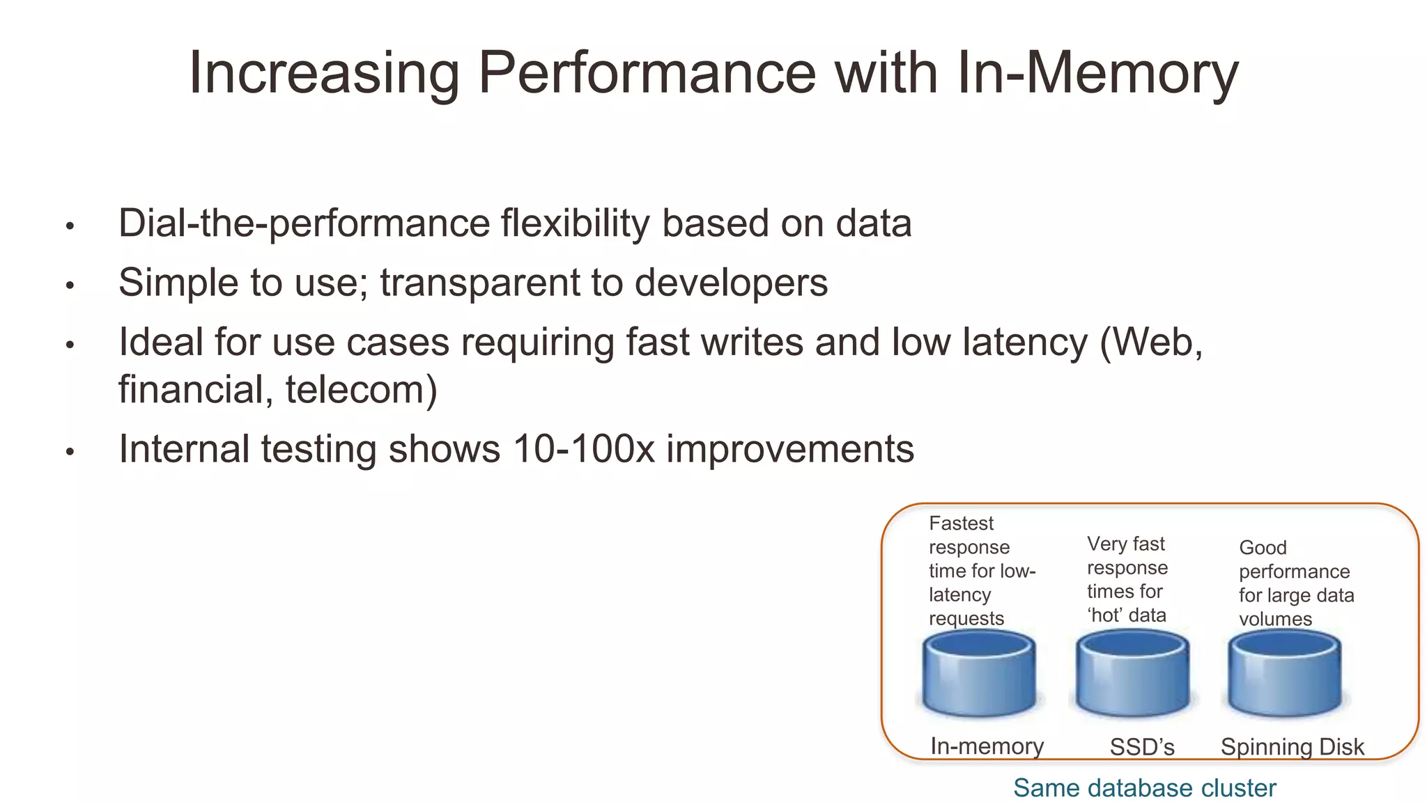 • Dial-the-performance flexibility based on data
• Simple to use; transparent to developers
• Ideal for use cases requiring fast writes and low latency (Web,
financial, telecom)
• Internal testing shows 10-100x improvements
Same database cluster
In-memory SSD‘s Spinning Disk
Fastest
response
time for low-
latency
requests
Very fast
response
times for
‗hot‘ data
Good
performance
for large data
volumes
Increasing Performance with In-Memory
 
