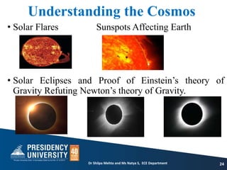 Understanding the Cosmos
24
• Solar Flares Sunspots Affecting Earth
• Solar Eclipses and Proof of Einstein’s theory of
Gravity Refuting Newton’s theory of Gravity.
Dr Shilpa Mehta and Ms Natya S, ECE Department
 
