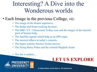 Interesting? A Dive into the
Wonderous worlds
• Each Image in the previous Collage, viz.
• The image of the distant supernova,
• The Radar and Sonar tracking Systems
• The MRI / CT / Ultrasound/ X-Ray scan and the images of the internal
parts of human body,
• The Satellite signals which help us in GPS maps,
• The musical effects in today’s concerts,
• The hyper realistic Science fiction movies
• The flying Harry Potter and the colored Mughale Azam
:
• The list is endless…
LET US EXPLORE
3
Dr Shilpa Mehta and Ms Natya S, ECE Department
 