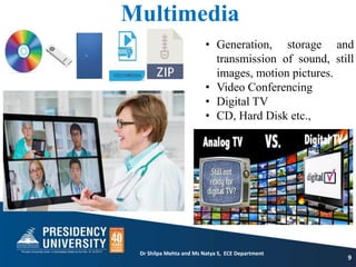 Multimedia
9
• Generation, storage and
transmission of sound, still
images, motion pictures.
• Video Conferencing
• Digital TV
• CD, Hard Disk etc.,
Dr Shilpa Mehta and Ms Natya S, ECE Department
 