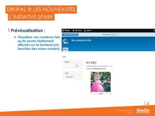 14
DRUPAL 8: LES NOUVEAUTÉS
Prévisualisation :
 Visualiser vos contenus tels
qu’ils seront réellement
affichés sur le frontend (en
fonction des «view mode»)
JUIN 2015
Webinar Smile - Drupal 8
L’INITIATIVE SPARK
 