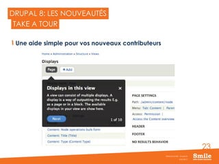 23
DRUPAL 8: LES NOUVEAUTÉS
Une aide simple pour vos nouveaux contributeurs
JUIN 2015
Webinar Smile - Drupal 8
TAKE A TOUR
 