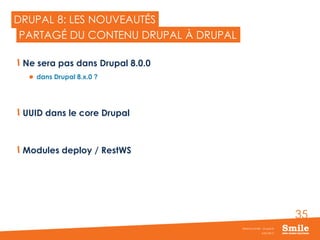 35
DRUPAL 8: LES NOUVEAUTÉS
Ne sera pas dans Drupal 8.0.0
 dans Drupal 8.x.0 ?
UUID dans le core Drupal
Modules deploy / RestWS
JUIN 2015
Webinar Smile - Drupal 8
PARTAGÉ DU CONTENU DRUPAL À DRUPAL
 