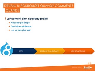 48
DRUPAL 8: POURQUOI? QUAND? COMMENT?
Lancement d'un nouveau projet
 Procéder par étape
 Que faire maintenant...
 ...et un peu plus tard
JUIN 2015
Webinar Smile - Drupal 8
QUAND?
VERSION STABLERELEASE CANDIDATEBETA
 