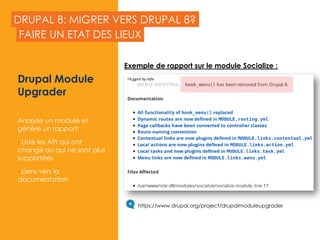 DRUPAL 8: MIGRER VERS DRUPAL 8?
Drupal Module
Upgrader
Analyse un module et
génère un rapport:
• Liste les API qui ont
changé ou qui ne sont plus
supportées
• Liens vers la
documentation
FAIRE UN ETAT DES LIEUX
JUIN 2015
https://www.drupal.org/project/drupalmoduleupgrader
Exemple de rapport sur le module Socialize :
 