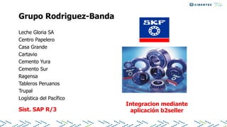Grupo Rodriguez-Banda
Leche Gloria SA
Centro Papelero
Casa Grande
Cartavio
Cemento Yura
Cemento Sur
Ragensa
Tableros Peruanos
Trupal
Logística del Pacífico
Sist. SAP R/3
Integracion mediante
aplicación b2seller
 