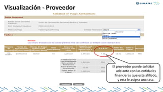 El proveedor puede solicitar
adelanto con las entidades
financieras que esta afiliado,
y esta le asigna una tasa.
 