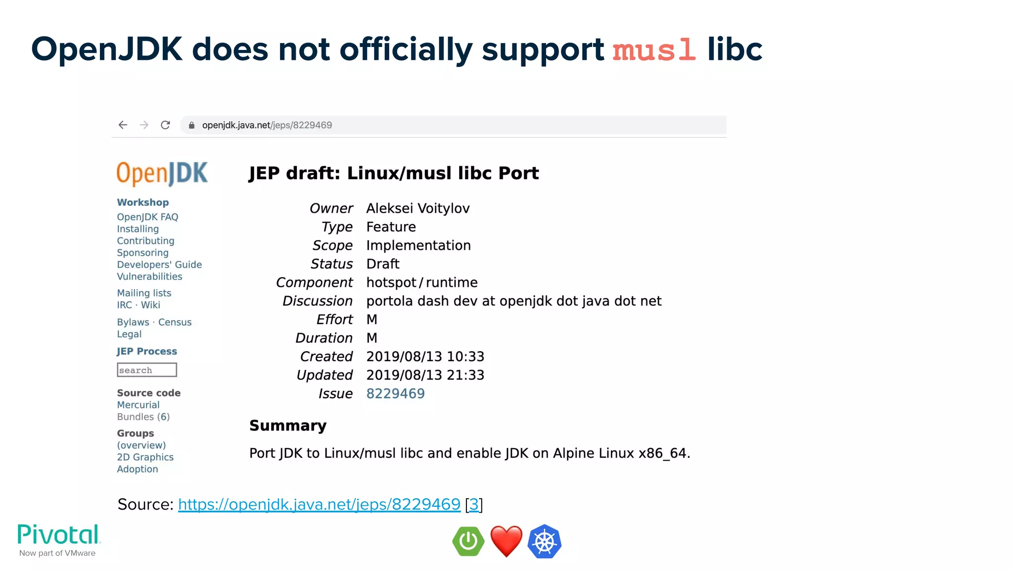 OpenJDK does not oﬃcially support musl libc
Source: https://openjdk.java.net/jeps/8229469 [3]
 