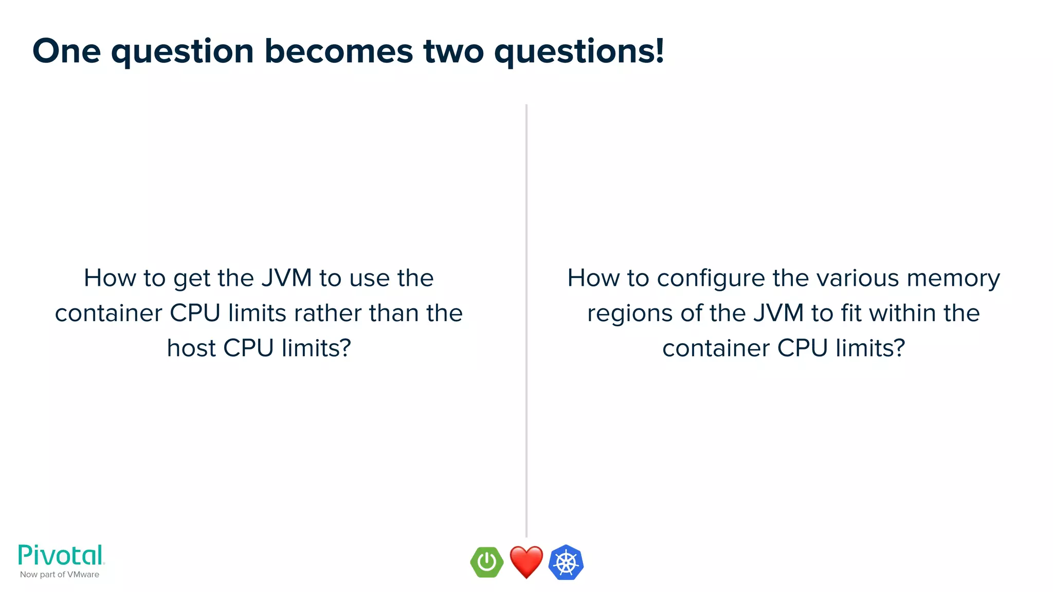 One question becomes two questions!
How to get the JVM to use the
container CPU limits rather than the
host CPU limits?
How to conﬁgure the various memory
regions of the JVM to ﬁt within the
container CPU limits?
 