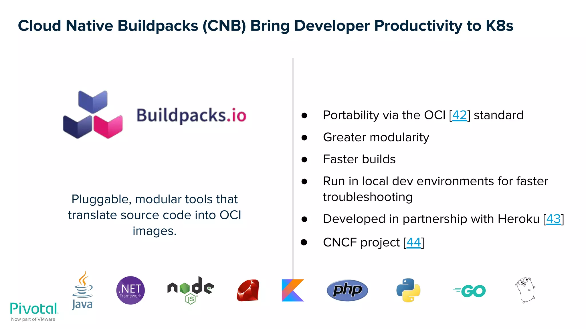 Cloud Native Buildpacks (CNB) Bring Developer Productivity to K8s
Pluggable, modular tools that
translate source code into OCI
images.
● Portability via the OCI [42] standard
● Greater modularity
● Faster builds
● Run in local dev environments for faster
troubleshooting
● Developed in partnership with Heroku [43]
● CNCF project [44]
 