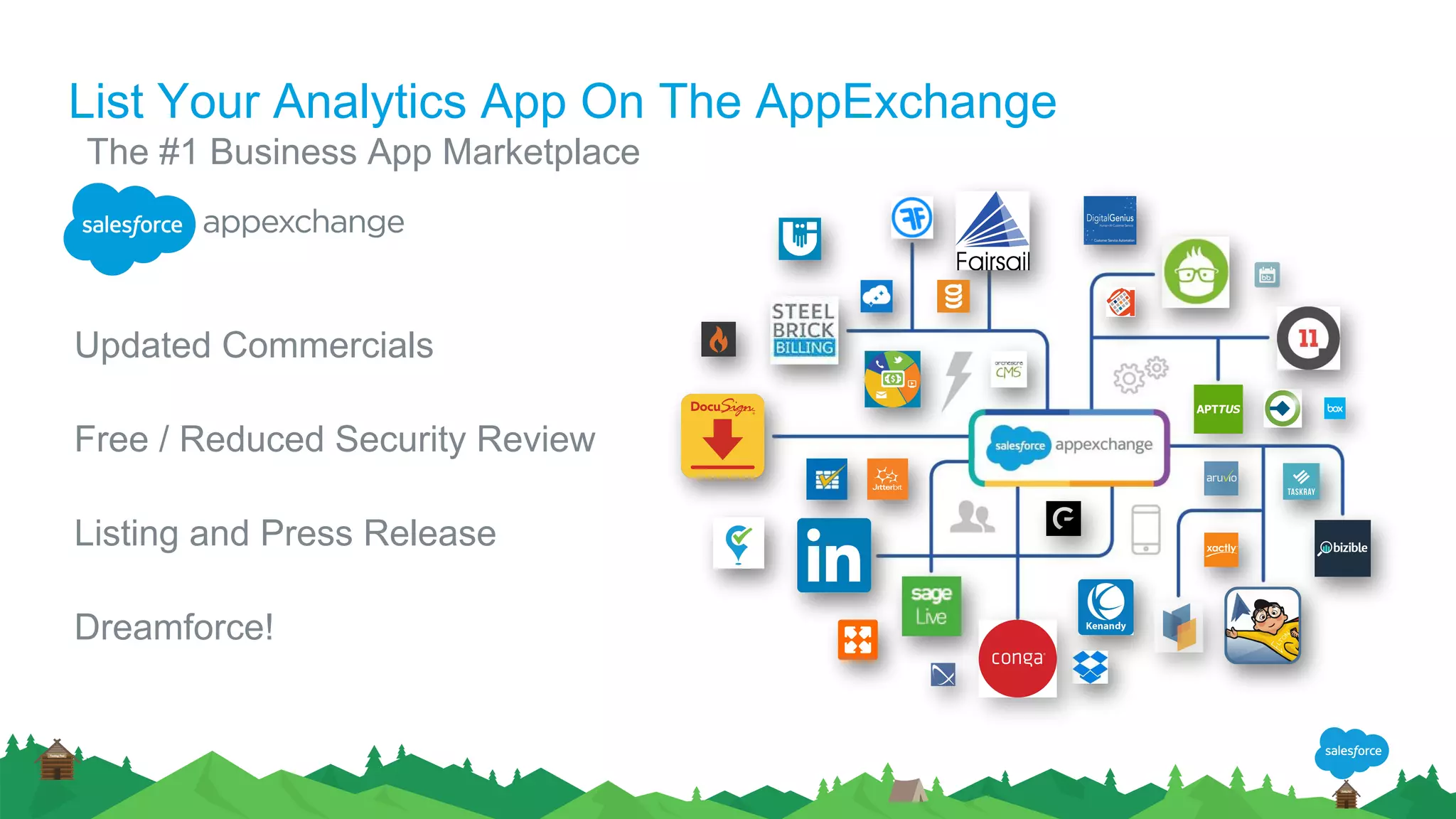List Your Analytics App On The AppExchange
​The #1 Business App Marketplace
​
​s
Updated Commercials
Free / Reduced Security Review
Listing and Press Release
Dreamforce!
 