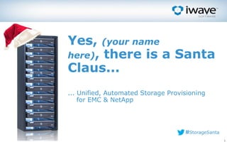 Yes, (your name
here), there is a Santa
Claus...
... Unified, Automated Storage Provisioning
    for EMC & NetApp




                                    #StorageSanta
                                                    1
 