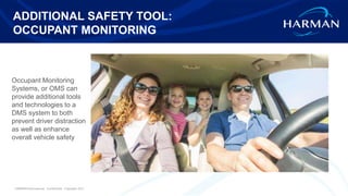 HARMAN International. Confidential. Copyright 2017.
ADDITIONAL SAFETY TOOL:
OCCUPANT MONITORING
Occupant Monitoring
Systems, or OMS can
provide additional tools
and technologies to a
DMS system to both
prevent driver distraction
as well as enhance
overall vehicle safety
 