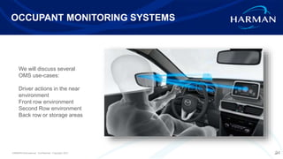 HARMAN International. Confidential. Copyright 2017. 24
OCCUPANT MONITORING SYSTEMS
24
We will discuss several
OMS use-cases:
Driver actions in the near
environment
Front row environment
Second Row environment
Back row or storage areas
 