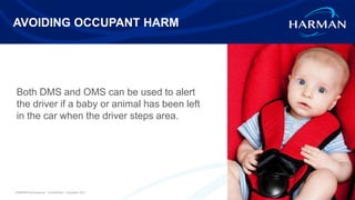 HARMAN International. Confidential. Copyright 2017. 33
AVOIDING OCCUPANT HARM
Both DMS and OMS can be used to alert
the driver if a baby or animal has been left
in the car when the driver steps area.
 