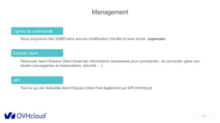 21
Management
Ligne de commande
Nous proposons des SGBD sans aucune modification (Vanilla) et avec accès superuser.
Espace Client
Retrouvez dans l’Espace Client toutes les informations nécessaires pour commander, se connecter, gérer son
cluster (sauvegardes et restaurations, sécurité, …)
API
Tout se qui est réalisable dans l’Espace Client l’est également par API OVHcloud
Lignes de commande
Espace client
API
 