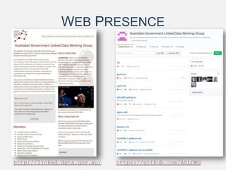 WEB PRESENCE
http://linked.data.gov.au/ https://github.com/AGLDWG
 