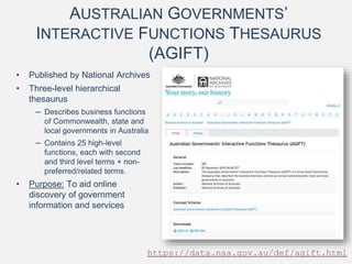AUSTRALIAN GOVERNMENTS’
INTERACTIVE FUNCTIONS THESAURUS
(AGIFT)
• Published by National Archives
• Three-level hierarchical
thesaurus
– Describes business functions
of Commonwealth, state and
local governments in Australia
– Contains 25 high-level
functions, each with second
and third level terms + non-
preferred/related terms.
• Purpose: To aid online
discovery of government
information and services
https://data.naa.gov.au/def/agift.html
 