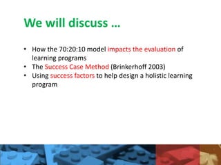 We will discuss …
• How the 70:20:10 model impacts the evaluation of
learning programs
• The Success Case Method (Brinkerhoff 2003)
• Using success factors to help design a holistic learning
program
 