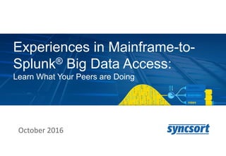 Experiences in Mainframe-to-
Splunk® Big Data Access:
Learn What Your Peers are Doing
October 2016
 