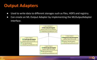 Output Adapters
21
● Used to write data to different storages such as files, HDFS and registry.
● Can create an ML Output Adapter by implementing the MLOutputAdapter
interface.
 