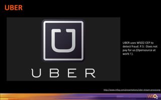 UBER
http://www.infoq.com/presentations/uber-stream-processing
UBER uses WSO2 CEP to
detect fraud. P.S : Does not
pay for us (Opensource at
work ! ).
 
