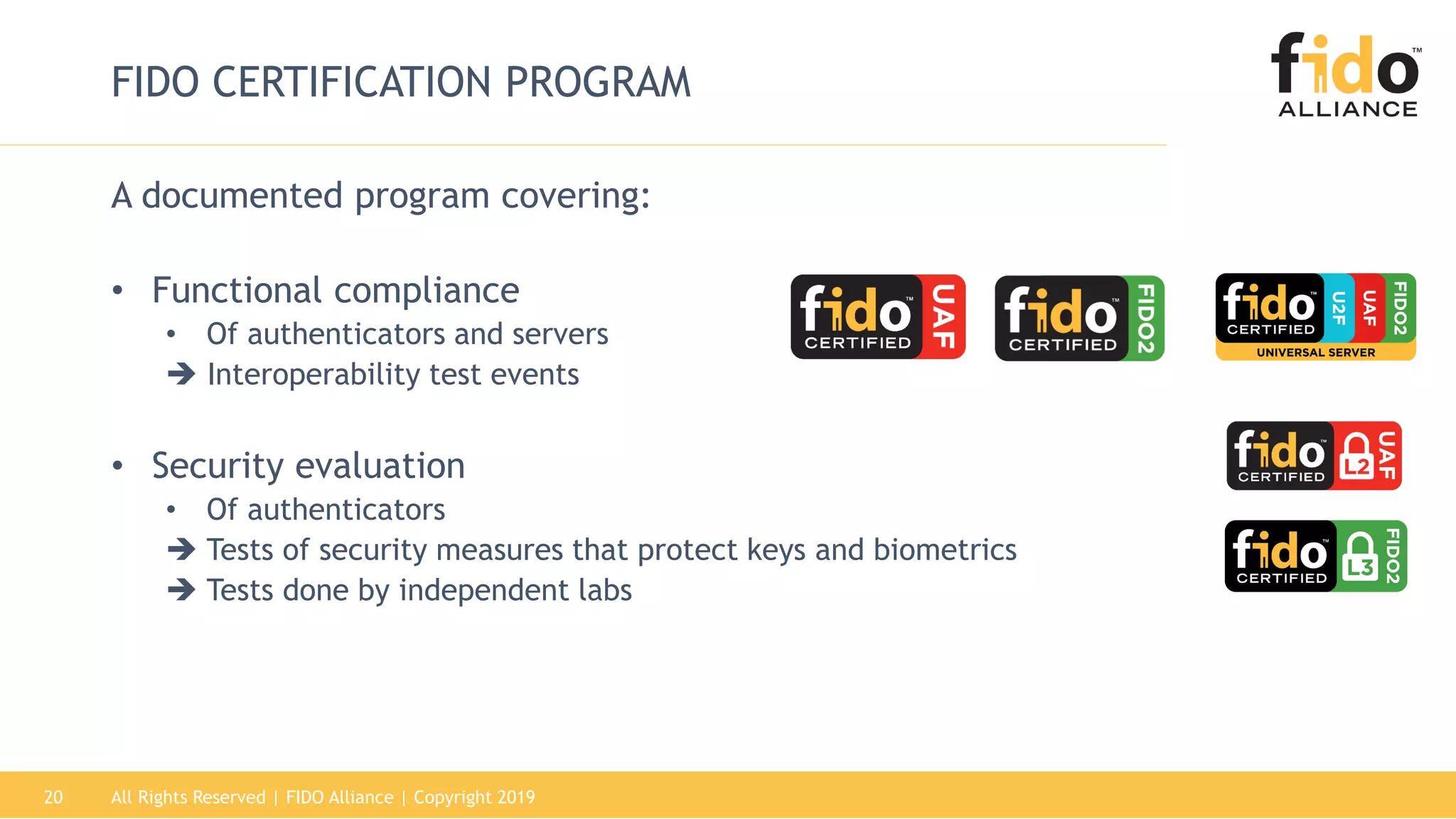 All Rights Reserved | FIDO Alliance | Copyright 201920
FIDO CERTIFICATION PROGRAM
A documented program covering:
• Functional compliance
• Of authenticators and servers
 Interoperability test events
• Security evaluation
• Of authenticators
 Tests of security measures that protect keys and biometrics
 Tests done by independent labs
 