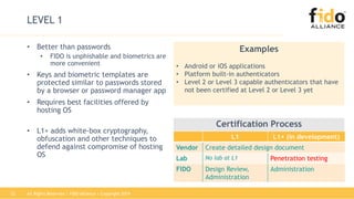 All Rights Reserved | FIDO Alliance | Copyright 201922
LEVEL 1
• Better than passwords
• FIDO is unphishable and biometrics are
more convenient
• Keys and biometric templates are
protected similar to passwords stored
by a browser or password manager app
• Requires best facilities offered by
hosting OS
• L1+ adds white-box cryptography,
obfuscation and other techniques to
defend against compromise of hosting
OS
L1 L1+ (in development)
Vendor Create detailed design document
Lab No lab at L1 Penetration testing
FIDO Design Review,
Administration
Administration
Certification Process
Examples
• Android or iOS applications
• Platform built-in authenticators
• Level 2 or Level 3 capable authenticators that have
not been certified at Level 2 or Level 3 yet
 