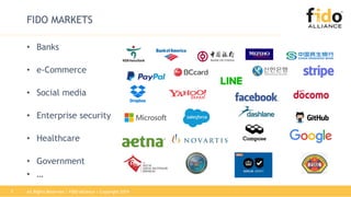 All Rights Reserved | FIDO Alliance | Copyright 20197
FIDO MARKETS
• Banks
• e-Commerce
• Social media
• Enterprise security
• Healthcare
• Government
• …
 