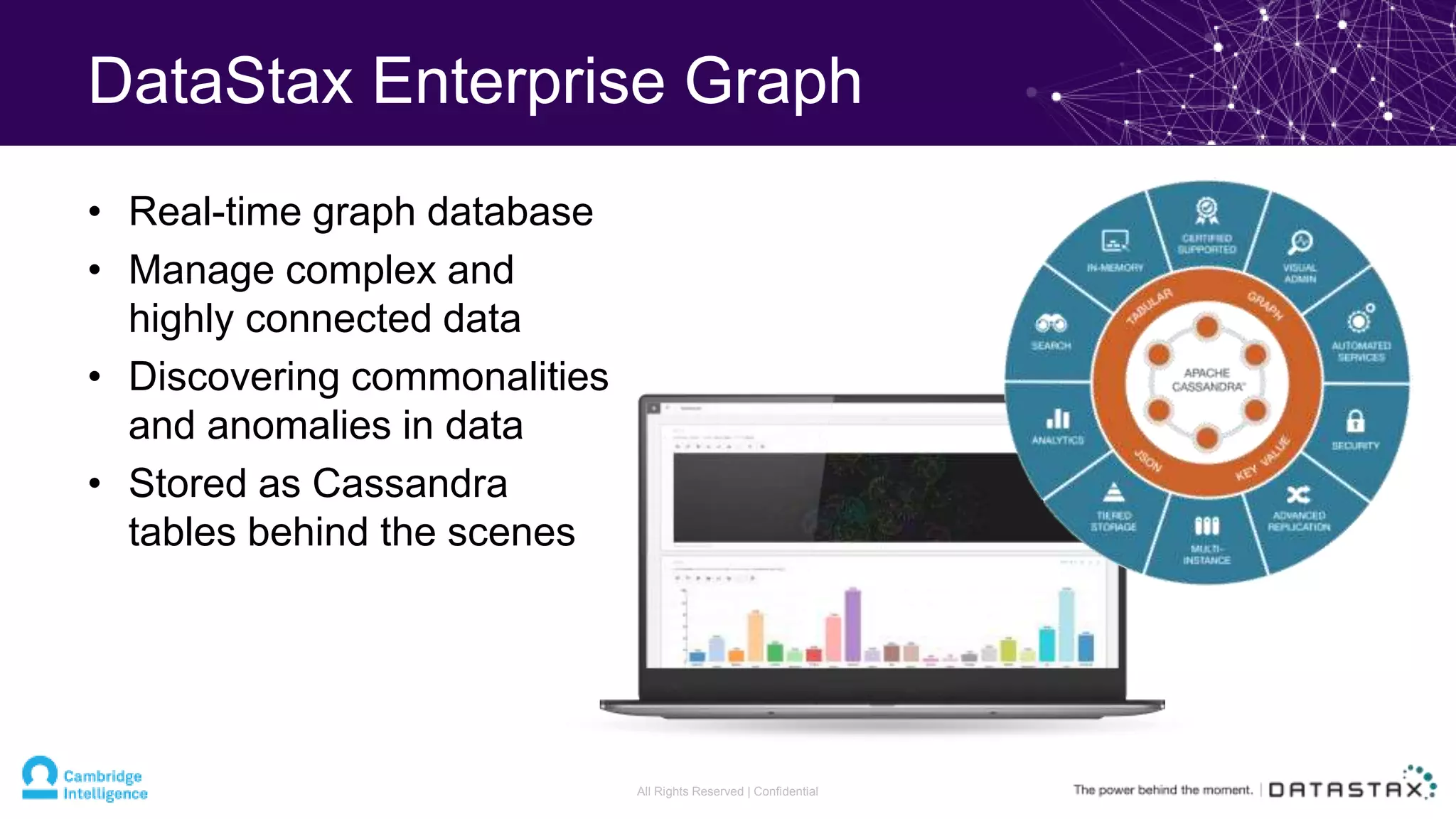 DataStax Enterprise Graph
• Real-time graph database
• Manage complex and
highly connected data
• Discovering commonalities
and anomalies in data
• Stored as Cassandra
tables behind the scenes
All Rights Reserved | Confidential
 