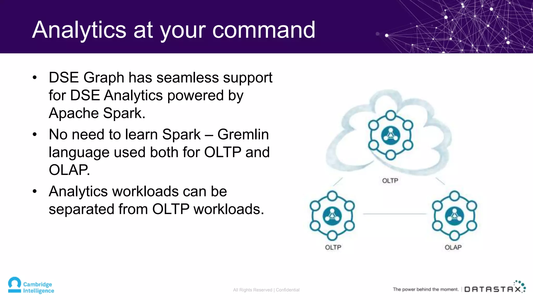 Analytics at your command
• DSE Graph has seamless support
for DSE Analytics powered by
Apache Spark.
• No need to learn Spark – Gremlin
language used both for OLTP and
OLAP.
• Analytics workloads can be
separated from OLTP workloads.
All Rights Reserved | Confidential
 