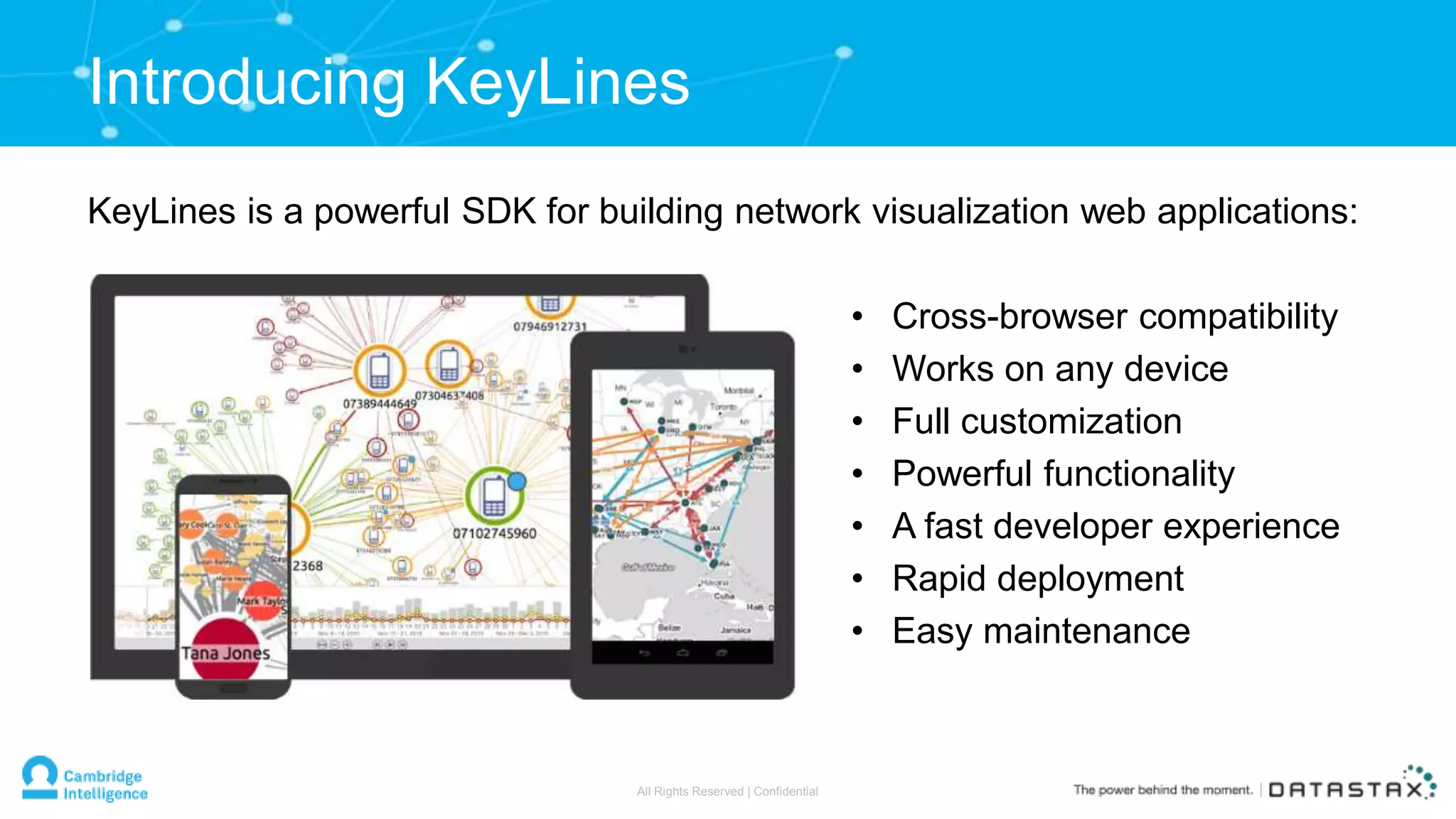 KeyLines is a powerful SDK for building network visualization web applications:
Introducing KeyLines
• Cross-browser compatibility
• Works on any device
• Full customization
• Powerful functionality
• A fast developer experience
• Rapid deployment
• Easy maintenance
All Rights Reserved | Confidential
 