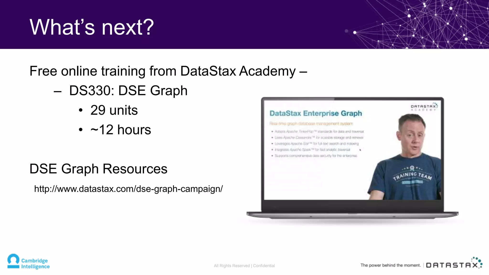 What’s next?
Free online training from DataStax Academy –
– DS330: DSE Graph
• 29 units
• ~12 hours
DSE Graph Resources
All Rights Reserved | Confidential
http://www.datastax.com/dse-graph-campaign/
 