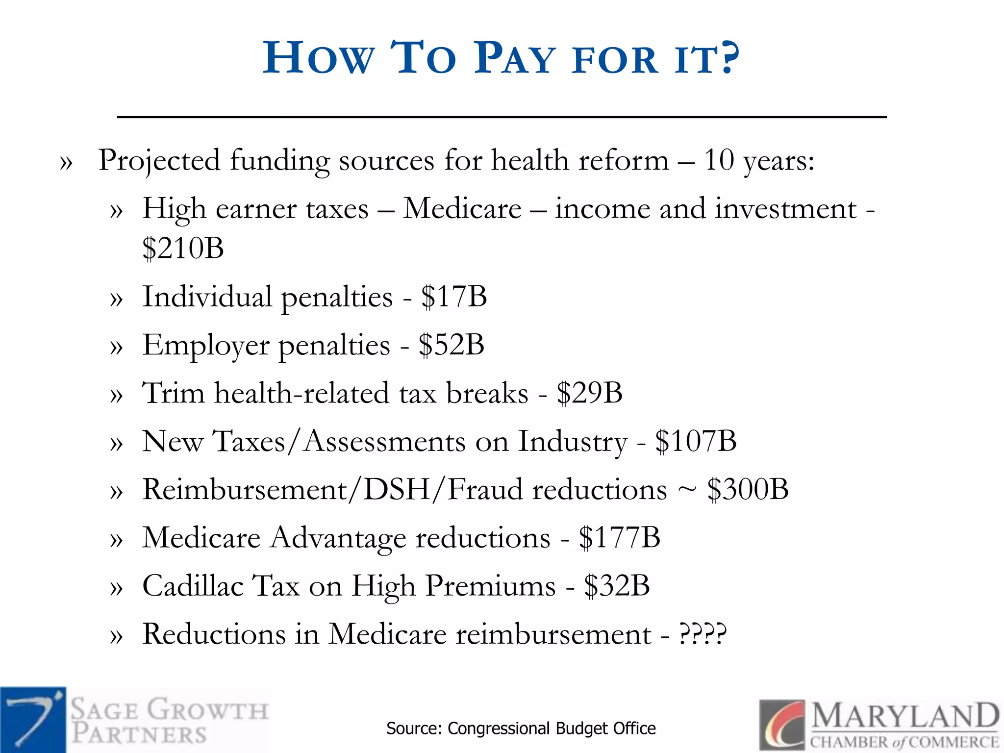 How To Pay for it?Projected funding sources for health reform – 10 years:High earner taxes – Medicare – income and investment - $210BIndividual penalties - $17BEmployer penalties - $52BTrim health-related tax breaks - $29BNew Taxes/Assessments on Industry - $107BReimbursement/DSH/Fraud reductions ~ $300BMedicare Advantage reductions - $177BCadillac Tax on High Premiums - $32BReductions in Medicare reimbursement - ????Source: Congressional Budget Office