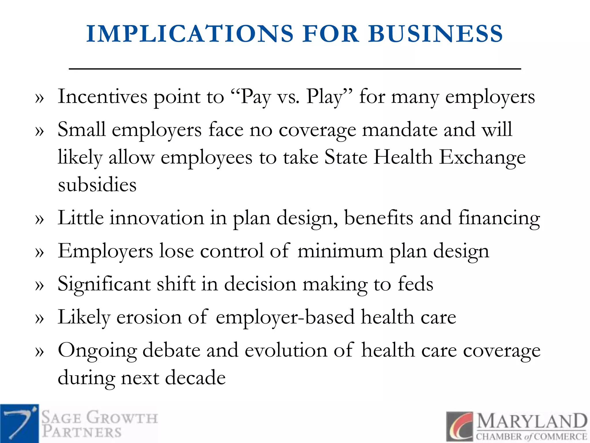 IMPLICATIONS FOR BUSINESSIncentives point to “Pay vs. Play” for many employersSmall employers face no coverage mandate and will likely allow employees to take State Health Exchange subsidies Little innovation in plan design, benefits and financingEmployers lose control of minimum plan designSignificant shift in decision making to fedsLikely erosion of employer-based health careOngoing debate and evolution of health care coverage during next decade