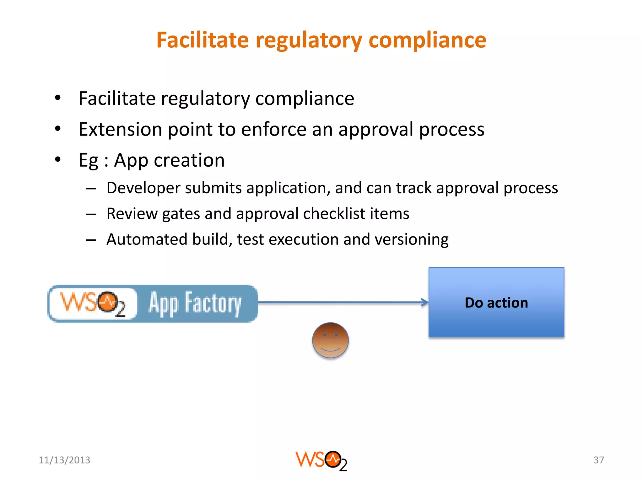 Facilitate regulatory compliance
• Facilitate regulatory compliance
• Extension point to enforce an approval process
• Eg : App creation
– Developer submits application, and can track approval process
– Review gates and approval checklist items
– Automated build, test execution and versioning

Do action

11/13/2013

37

 