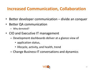 Increased Communication, Collaboration
• Better developer communication – divide an conquer
• Better QA communication
– Why demoted?

• CIO and Executive IT management
– Development dashboards deliver at a glance view of
• application status,
• lifecycle, activity, and health, trend

– Change Business-IT conversations and dynamics

32

 