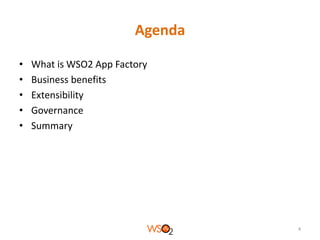 Agenda
•
•
•
•
•

What is WSO2 App Factory
Business benefits
Extensibility
Governance
Summary

4

 