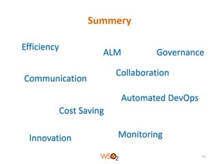 Summery
Efficiency

ALM

Communication

Governance

Collaboration
Automated DevOps

Cost Saving
Innovation

Monitoring
41

 