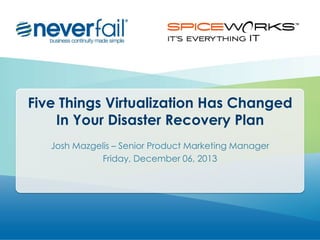 Five Things Virtualization Has Changed
In Your Disaster Recovery Plan
Josh Mazgelis – Senior Product Marketing Manager
Friday, December 06, 2013

 